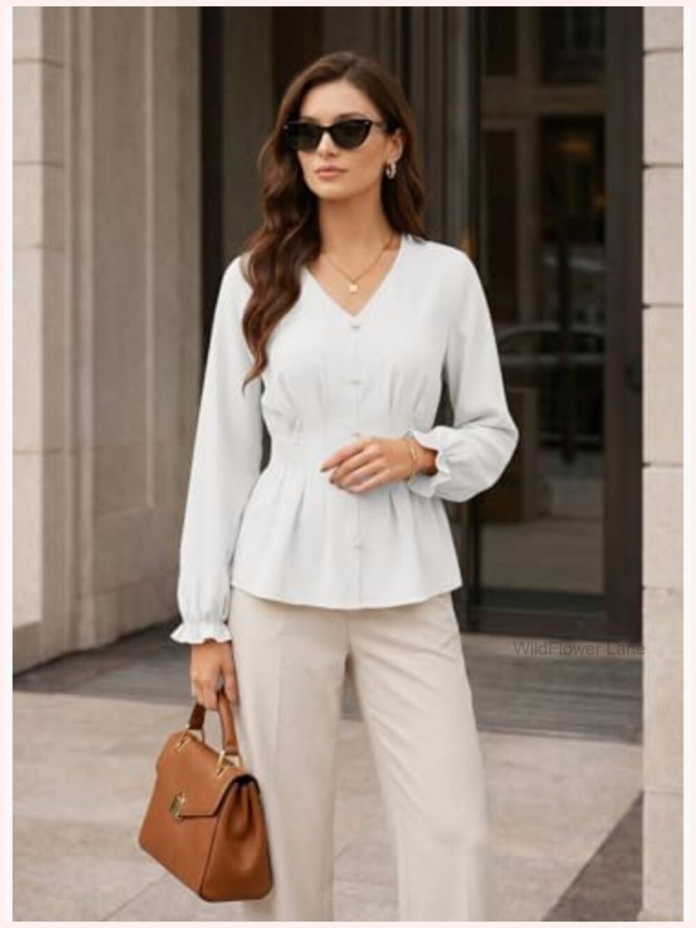 V-Neck Long Sleeve Peplum Blouse with Pearl Buttons - Picture 4 of 6